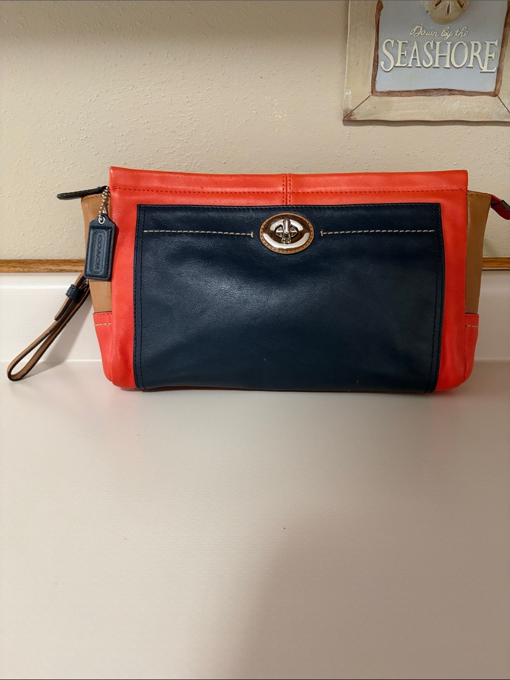 Coach Colorblock Leather Wristlet in Navy, Coral & Tan
